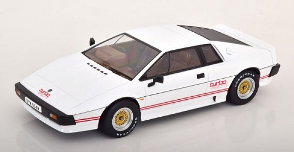 White 1:18 scale diecast model car with gold wheels and 'turbo' decal, viewed from side