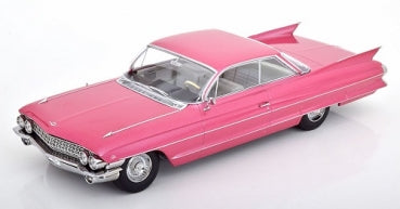 1:18 scale pink classic diecast car model with tail fins and chrome detailing