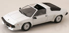White diecast model sports car 1:18 scale with black details, classic coupe design