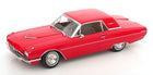 Red classic diecast model car 1:18 scale with chrome details on white background