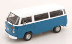 1:18 scale blue and white Volkswagen diecast model van with detailed windows and wheels
