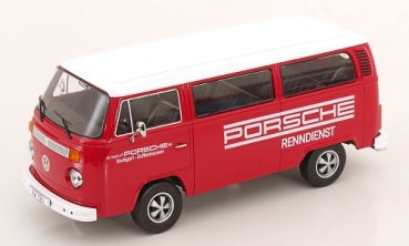 Red and white Porsche Rennsport diecast model van with clear Porsche branding on sides