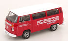 1:18 scale diecast red Porsche Rennsport VW van model with white roof and detailed decals