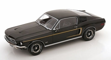 1:18 scale black diecast model car, classic muscle car design with gold detailing