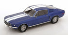 1:18 scale blue diecast model car with white racing stripes, classic muscle design