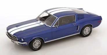 1:18 scale blue diecast classic muscle car model with white racing stripes