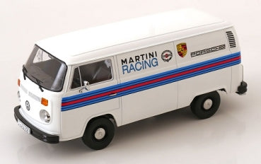 1:18 scale diecast model of white Volkswagen van with Martini Racing and Porsche decals