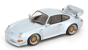1:18 scale silver diecast model car with gold wheels, detailed classic sports car design