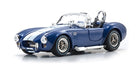 Blue diecast model car with white racing stripes, open convertible, classic sports design