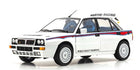 1:18 scale diecast model car, white rally Lancia Delta with Martini Racing graphics