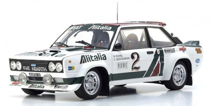 1:18 scale diecast model of classic Fiat rally car in Alitalia livery with racing decals