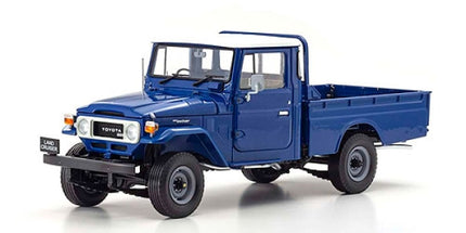Blue diecast Toyota Land Cruiser pickup model car, 1:18 scale, detailed classic design