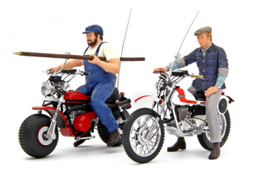 Two diecast model figures with fishing rods on vintage motorcycles, 1:18 scale collectible.