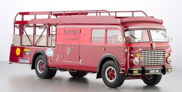 1:18 scale diecast vintage Ferrari team transporter model car in red with detailed decals.