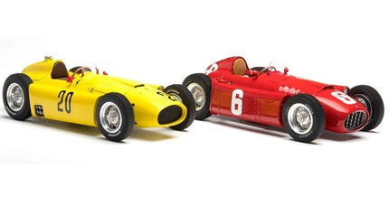 1:18 scale diecast vintage race cars, yellow number 20 and red number 6, side by side
