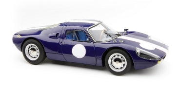 1:18 scale diecast model of a blue vintage sports car with white racing stripes and roundels