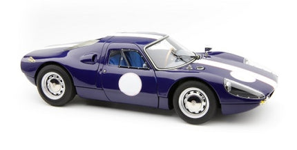 1:18 scale diecast classic race car model, blue with white racing decals, on white background