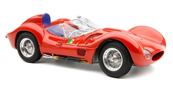 Red classic sports car diecast model with Italian flag, open cockpit and detailed wheels