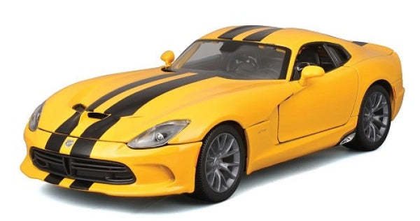 Yellow diecast model sports car with black racing stripes, 1:18 scale collectible.