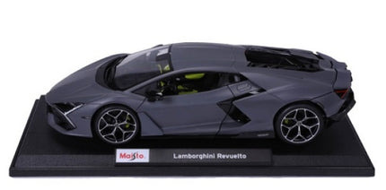 1:18 scale gray Lamborghini Revuelto diecast model car by Maisto on display base