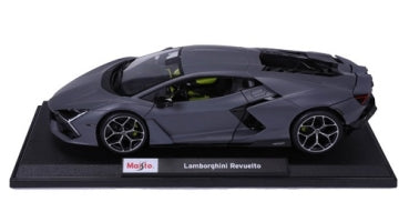 Grey Lamborghini Revuelto 1:18 scale diecast model car on display stand