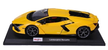 Yellow Lamborghini Revuelto 1:18 scale diecast model car on display stand