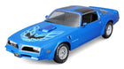Blue diecast Pontiac Trans Am model car 1:18 scale with firebird hood decal