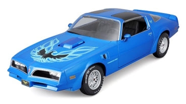 1:18 scale blue diecast model car with Firebird hood decal and detailed wheels