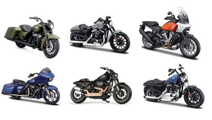 Six diecast model motorcycles in various colors and styles on a white background.