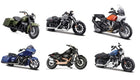 Six diecast model motorcycles in various colors and styles on a white background.