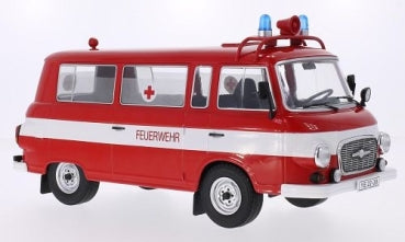 Diecast model of a red and white vintage fire brigade van with emergency lights