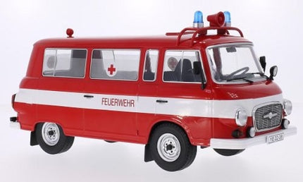 1:18 scale diecast red Feuerwehr emergency van model with blue lights and white stripe