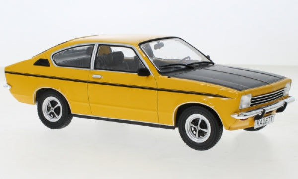 Yellow and black diecast model car Opel Kadett C 1:18 scale, classic coupe design.