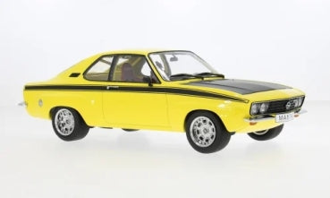 Yellow 1:18 scale diecast classic coupe model car with black racing stripes on white background