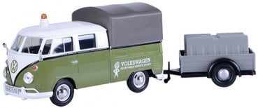 1:18 scale diecast Volkswagen van with gray canopy and matching trailer, collectible model