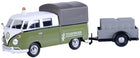 1:18 scale diecast Volkswagen van with trailer, green and white with covered cargo bed