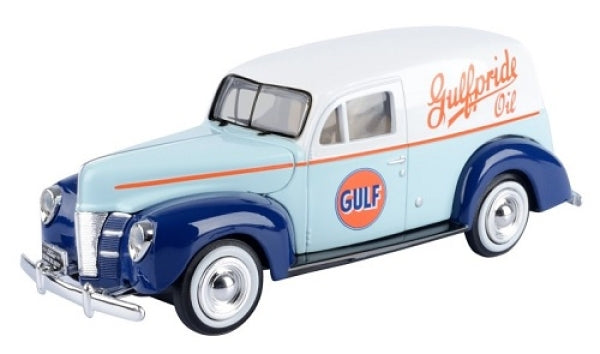 1:18 scale diecast vintage panel van model car in blue and white Gulf livery