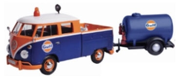 1:18 scale diecast model vintage van with Gulf logo and blue tanker trailer
