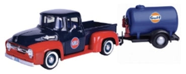 Diecast model vintage pickup truck with blue and orange fuel trailer, 1:18 scale collectible