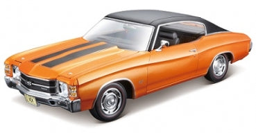Orange diecast model car with black roof and racing stripes, classic muscle car design.