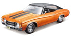 1:18 scale orange diecast model car with black racing stripes and black roof