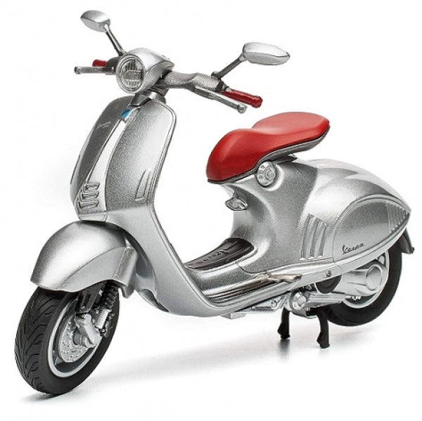 Silver diecast model scooter with red seat, detailed 1:18 scale collectible motorcycle