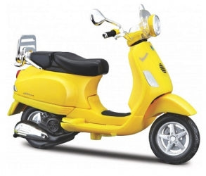 Yellow diecast Vespa model scooter with chrome accents and black seat on white background