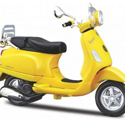 Yellow diecast model scooter with black seat and chrome details on white background