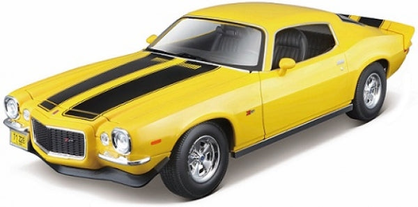 Yellow diecast model car with black racing stripes, 1:18 scale collectible