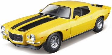 Yellow diecast model muscle car with black racing stripes, 1:18 scale, classic design