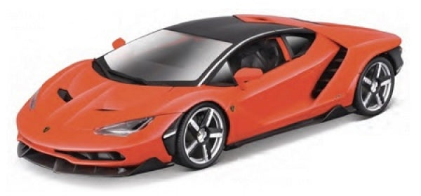 1:18 scale orange diecast model sports car with black roof and detailed rims