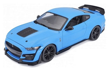 Blue diecast model sports car with black accents and rear spoiler, 1:18 scale collectible