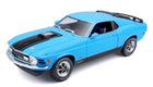 1:18 scale blue 1970 Ford Mustang diecast model car with black racing stripes