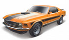 Orange diecast model car, 1:18 scale, 1970s muscle car style with black racing stripes